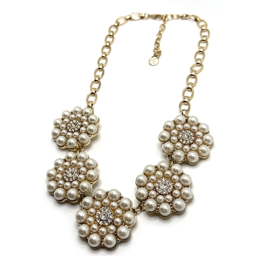 TALBOTS Faux Pearl & Rhinestone Flower Bib Necklace Gold Tone Statement 19" -22"
